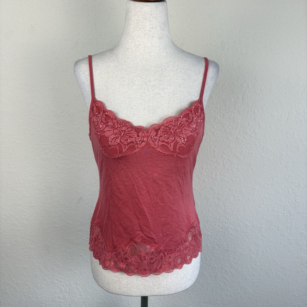 Y2K Vintage Pink Fairy Cami Tank Top Silk Blend Size S Beaded Lace Trim Twilight